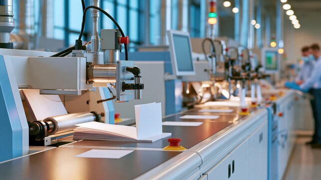 Precision folding and stitching machine producing blank booklets in modern factory