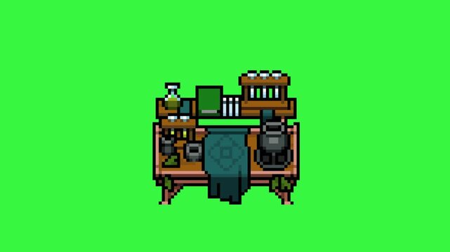 advance alchemy workbench in pixel art style with green screen background