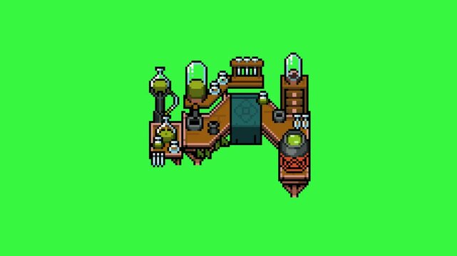 industrial alchemy workbench in pixel art style with green screen background