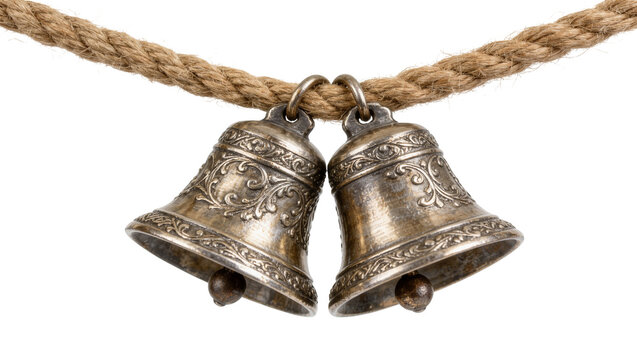 Two ornate antique silver bells hanging from a thick jute rope, isolated on transparent background