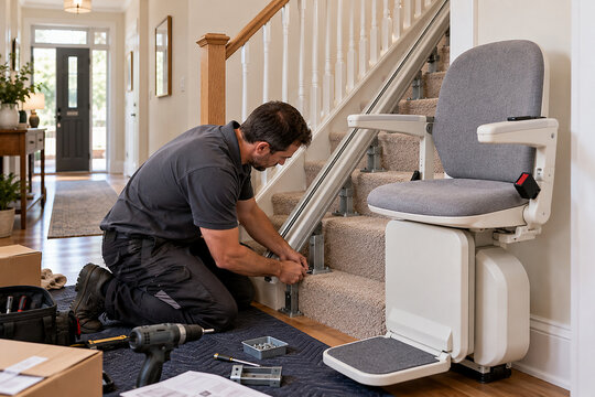 Technician installing a stairlift rail on a carpeted staircase at home