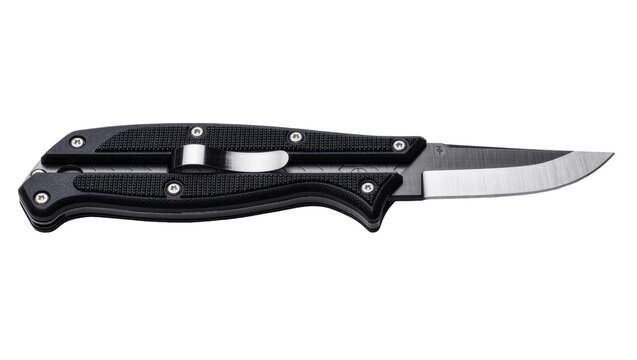 Black folding pocket knife with textured handle and metal clip, isolated on transparent background