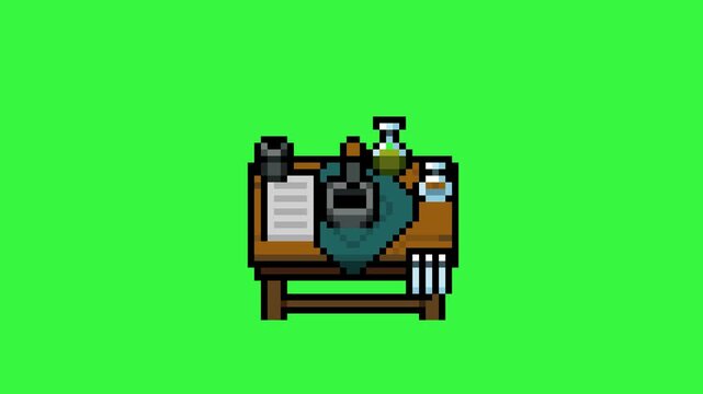 basic alchemy workbench in pixel art style with green screen background