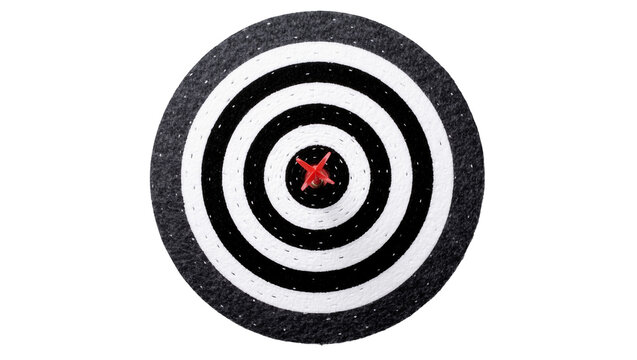 Red dart hitting the bullseye of a black and white circular target, isolated on transparent background