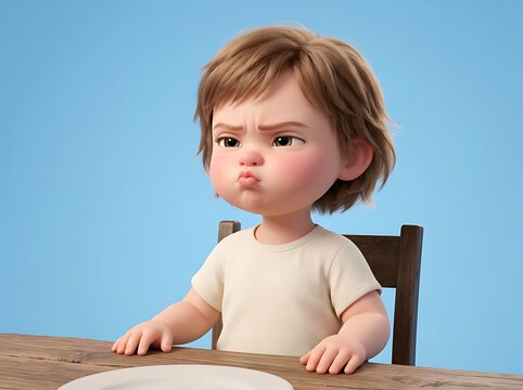 Little child with a grumpy expression sitting at a wooden table against blue
