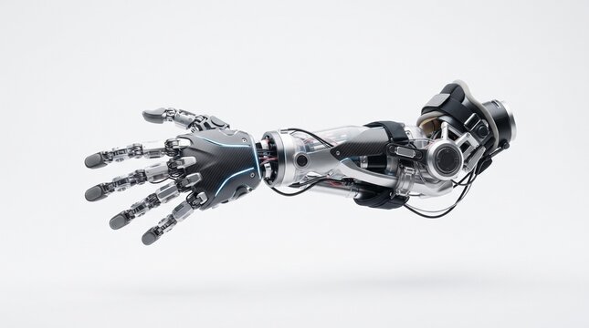 Advanced bionic prosthetic arm with carbon fiber hand, articulated metallic fingers, blue LED accents, and transparent forearm revealing internal wiring.