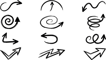 Fototapeta premium Collection of hand drawn black and white arrow and spiral direction indicators