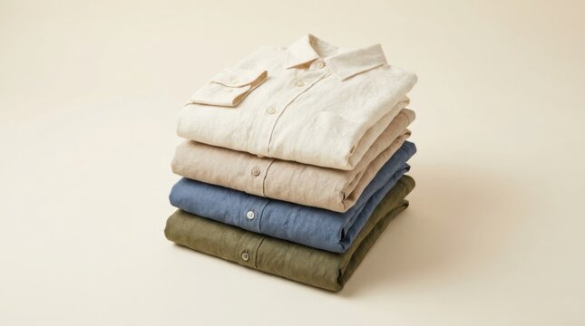 Stack of neatly folded casual shirts in various earthy tones and blues.