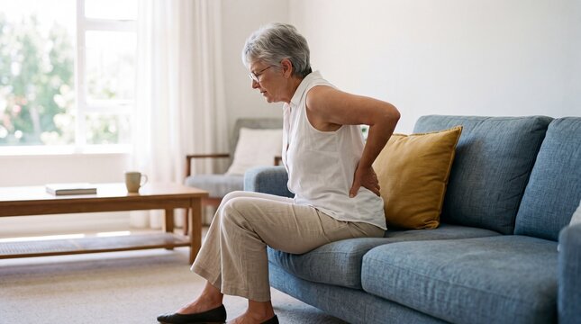 Elderly woman experiencing lower back pain and discomfort while sitting on a blue couch at home
