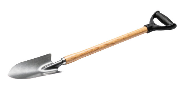Gardening trowel with wooden handle and black grip, isolated on transparent background