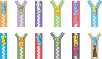 Colorful zipper vector icon set with open and closed plastic zip fasteners pullers and sliders for sewing fashion design [18 words] © tuzam
