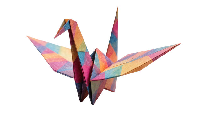 Colorful patterned origami crane bird, isolated on transparent background