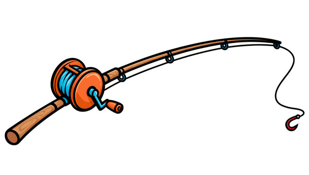 Cartoon fishing rod with orange reel and blue line, isolated on transparent background