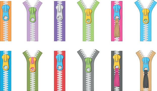 Colorful zipper vector icon set with open and closed plastic zip fasteners pullers and sliders for sewing fashion design [18 words]