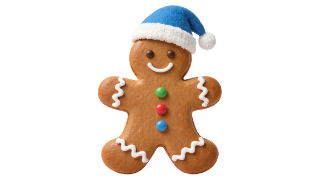 Gingerbread man cookie with blue Santa hat, isolated on transparent background