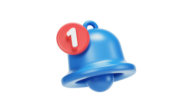 Blue notification bell with red circle and white number one, isolated on transparent background