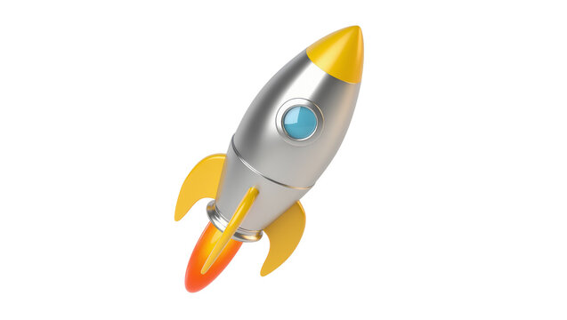 Shiny silver rocket with yellow fins and nose cone emitting orange flames, isolated on transparent background