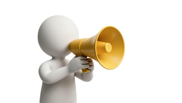White 3D figure holding a yellow megaphone, isolated on transparent background