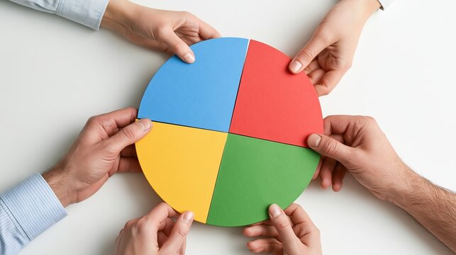 Multiple hands assembling colorful pie chart segments together