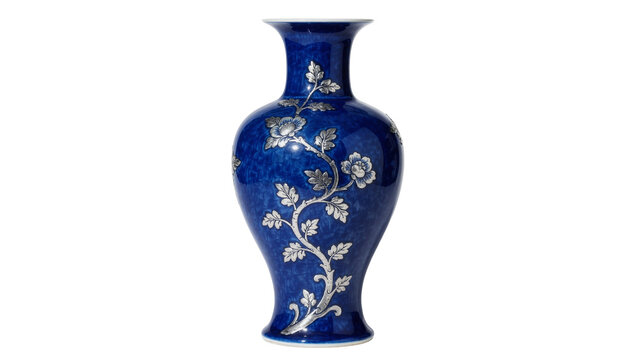 Ornate cobalt blue ceramic vase with silver floral vine pattern, isolated on transparent background