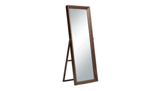 Tall rectangular wooden framed floor mirror with easel stand, isolated on transparent background