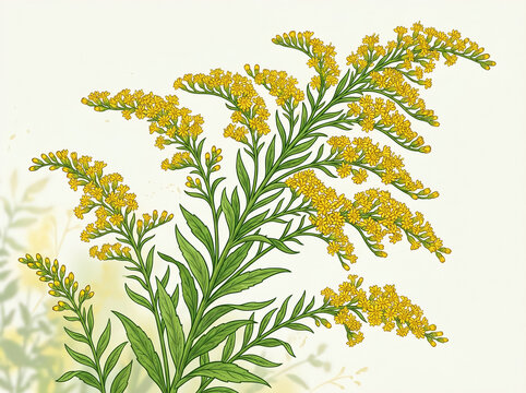 Illustration of a goldenrod plant with vibrant yellow flowers and green leaves on a light background