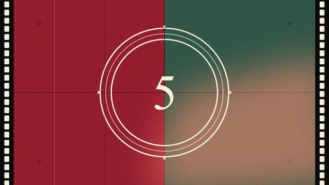 Vintage film leader countdown with split screen red and green texture for cinema start sequence 4K animation