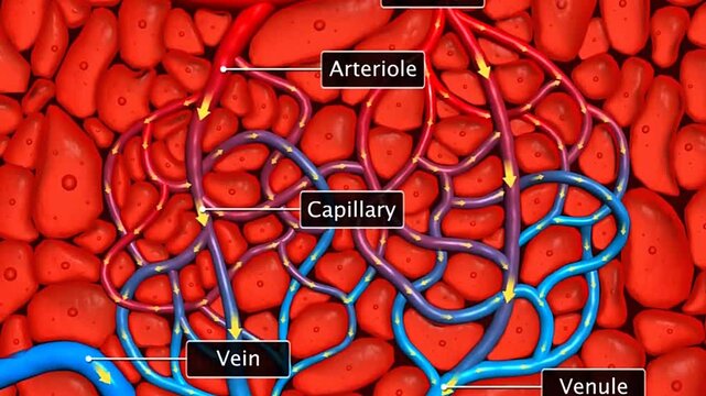 Medical illustration of blood flow through arteries, veins, and capillaries with directional circulation.