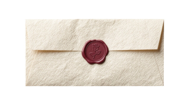 Cream textured envelope sealed with a burgundy wax stamp featuring a rose, isolated on transparent background