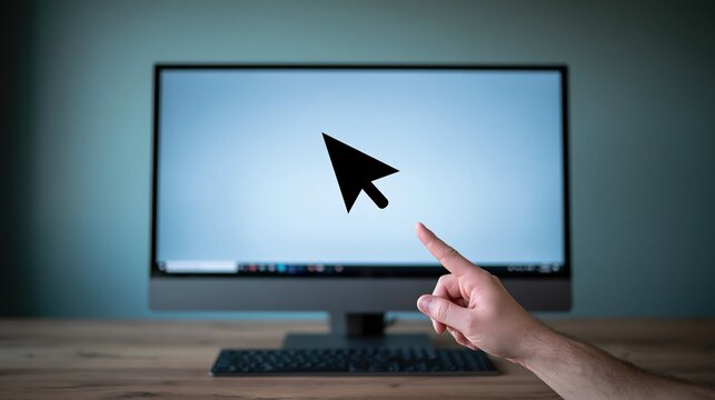 Person pointing finger at computer screen cursor icon