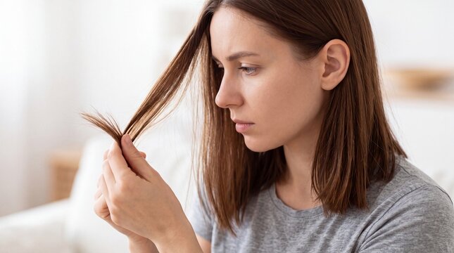 Concerned young woman checking for damaged hair and split ends while looking worried