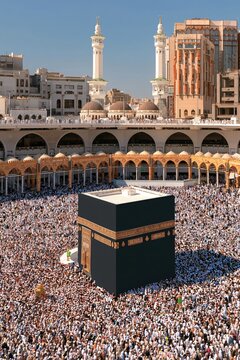 Massive crowd circumambulating holy black cube at mosque