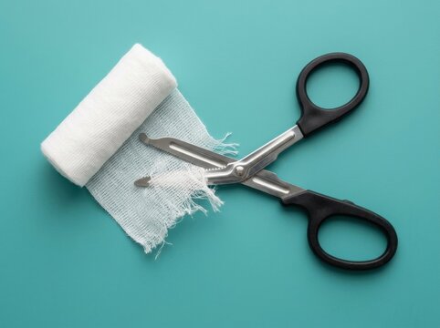 Medical trauma shears and gauze bandage on teal background