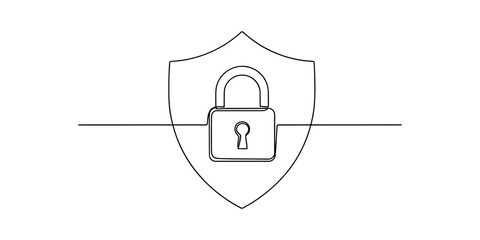 Continuous single line drawing of a shield with a padlock inside representing data security and protection © Line Art Gallery