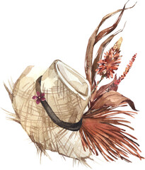 Watercolor summer straw hat with dried boho botanical floral arrangement © EhsanJihad