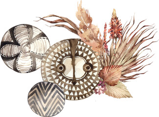 Obraz premium Watercolor tribal patterned decorative plates with dried boho botanicals