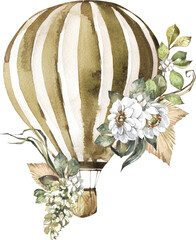 Obraz premium Watercolor vintage hot air balloon decorated with white boho flowers