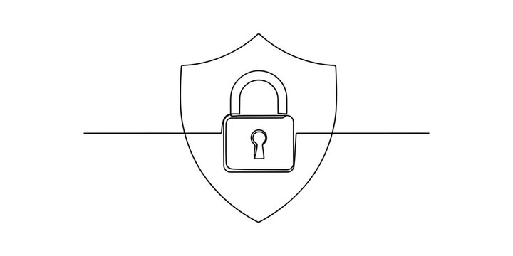 Continuous single line drawing of a shield with a padlock inside representing data security and protection