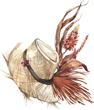 Watercolor summer straw hat with dried boho botanical floral arrangement