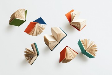 Colorful books floating open pages white background