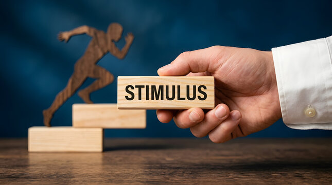 Hand holding stimulus block near balancing runner figure on wooden