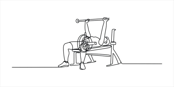 Continuous single line drawing of an athlete doing a bench press exercise in the gym