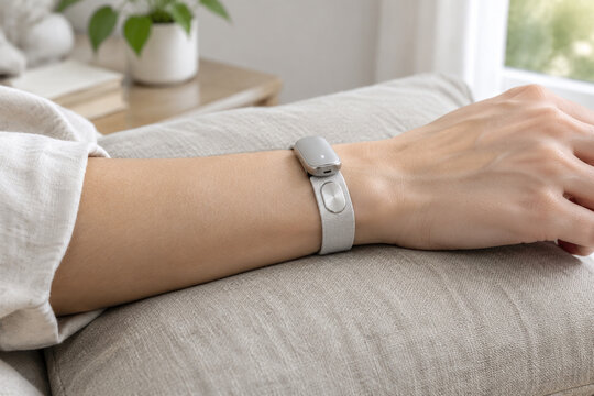 Adult forearm with fabric wristband and silver skin sensor on linen cushion, wearable biofeedback device, health monitoring concept