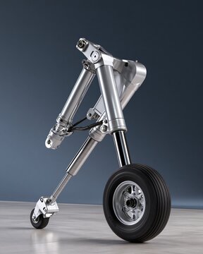 Aircraft landing gear assembly with clean metallic finish and black tire on studio background
