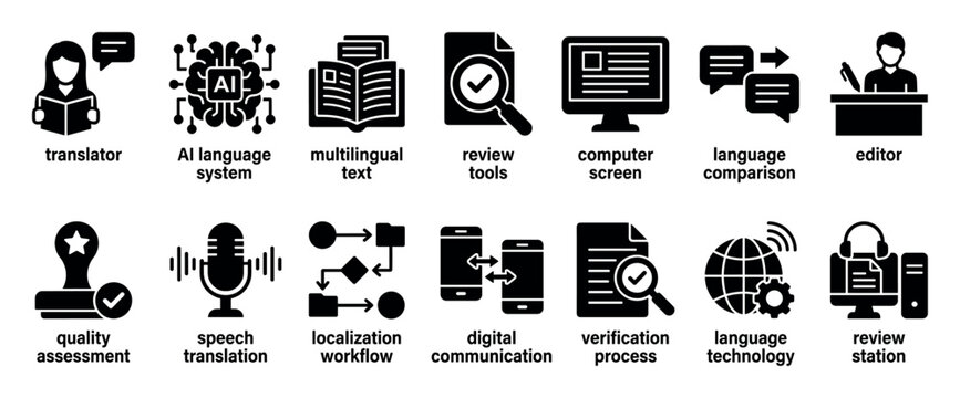 Set of black glyph icons for language translation and localization services, including symbols for AI systems, multilingual text, editing, and quality assessment