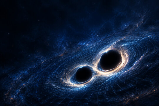 Two black holes merging in deep space with warped spacetime grid, astrophysics and gravitational waves concept