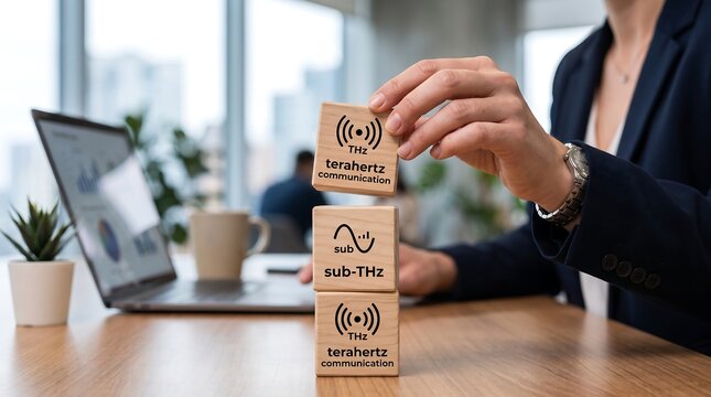 Business person stacking wooden blocks with terahertz and subthz communication icons for modern wireless technology concepts