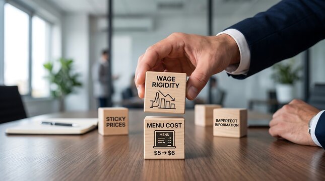 Businessman building a tower of wooden blocks illustrating economic concepts like wage rigidity and menu costs in office
