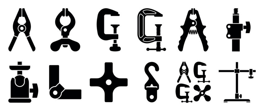 Collection of black silhouette clamp icons and holding tools for workshops or studios, including C-clamps, spring clamps, and various stands in a flat graphic style