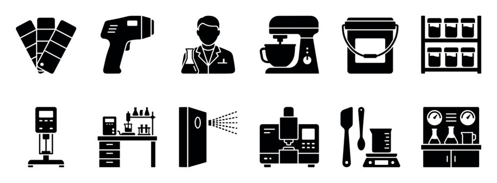 Set of black glyph icons for the paint manufacturing industry, illustrating laboratory research, quality control processes, and various chemical testing equipment and tools